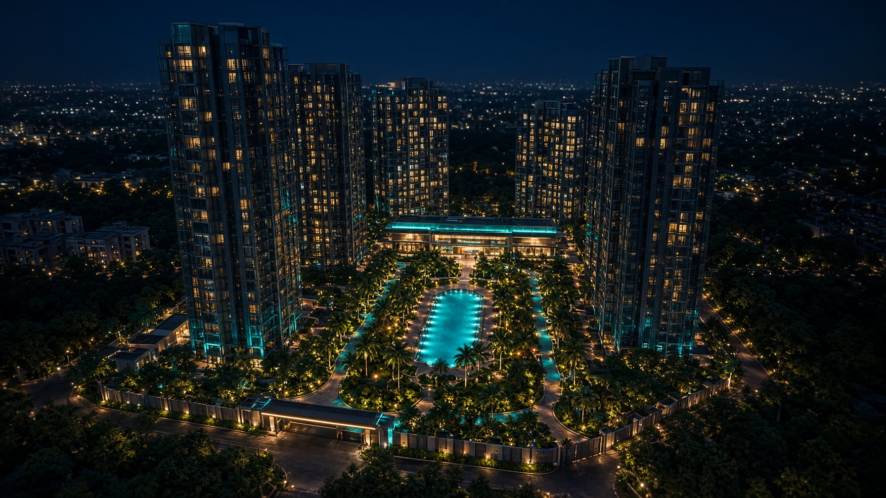 Night aerial of a gated high-rise campus